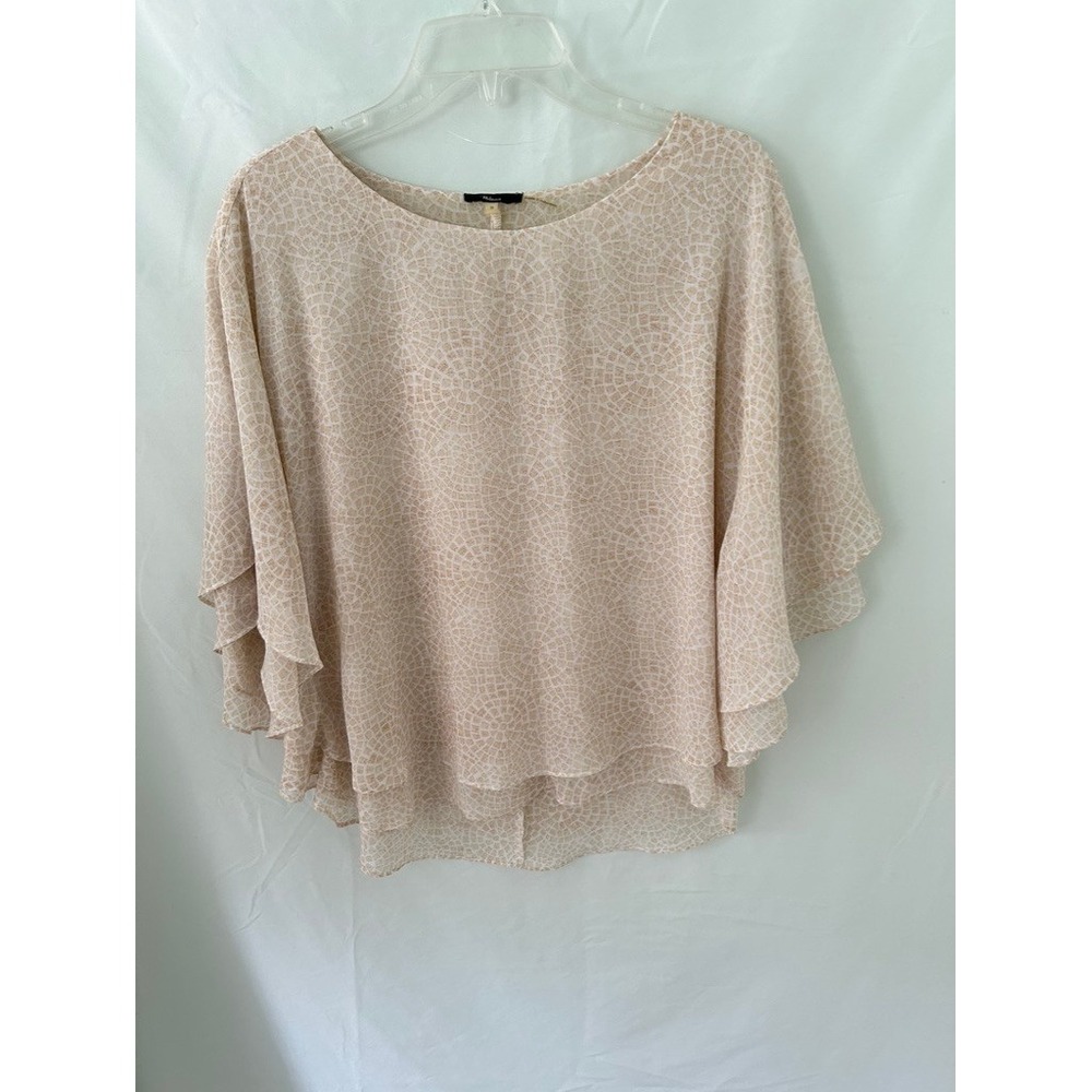 Milano Tan Cream Mosaic Print Tiered Butterfly Sleeve Chiffon Blouse Small